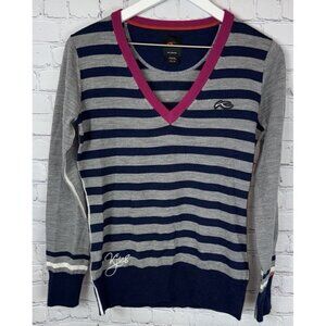KJUS Women’s Blue Gray Striped V-Neck Sweater Size 38/Medium 100% Merino Wool